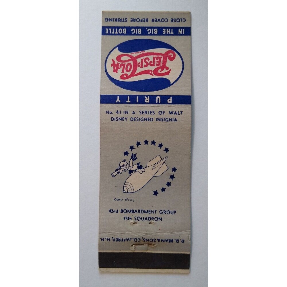 Pepsi Cola Matchbook Cover Walt Disney No 41 Bomb Bird 1940s WWII 75th Squad